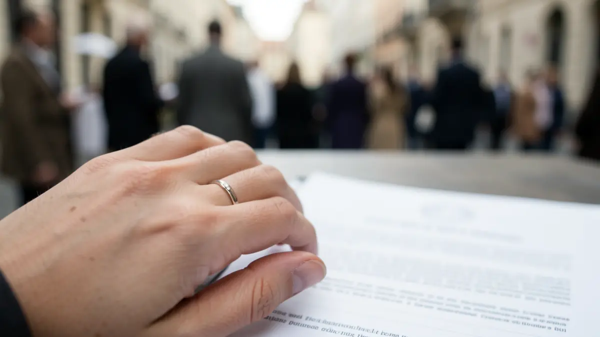 Generic image of a wedding ring on legal documents.