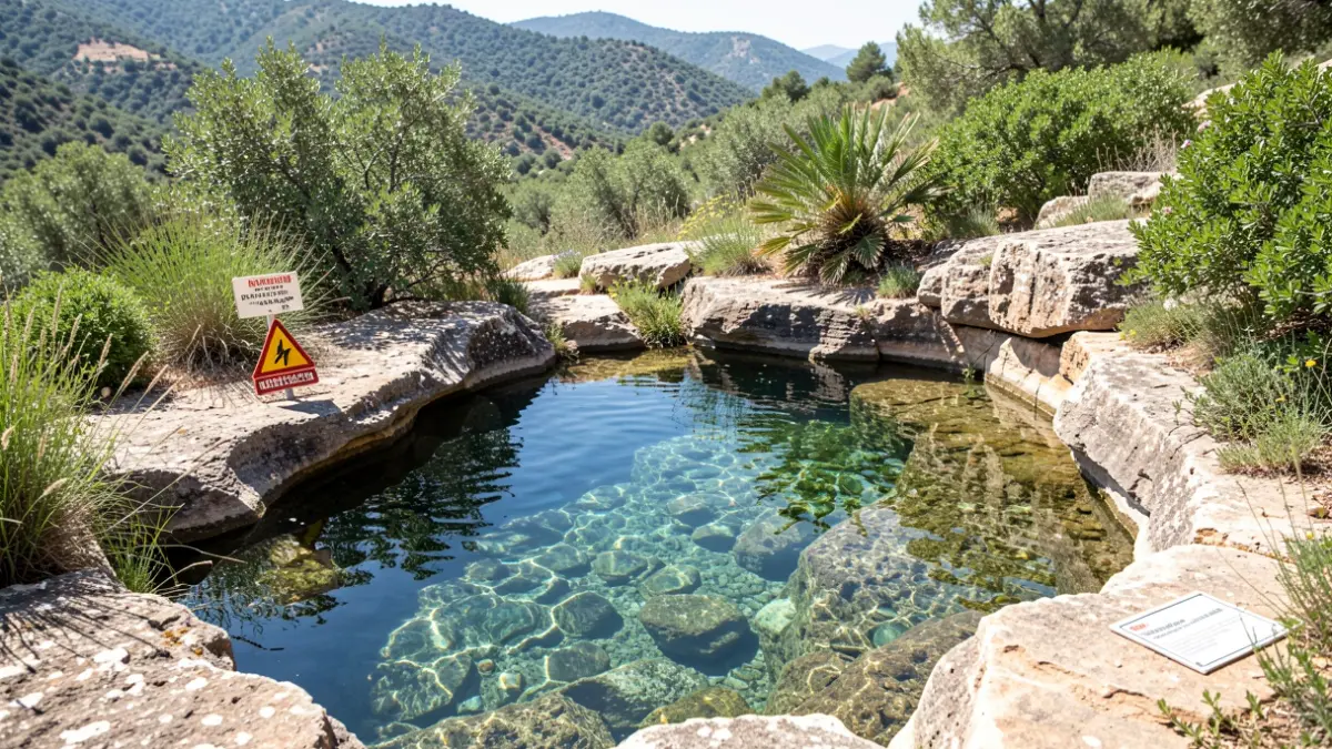 Image of a natural swimming pool in Los Guájares with a warning sign.