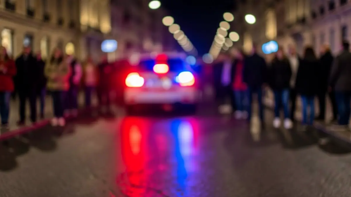 Imagen genérica de luces de emergencia policiales reflejando en asfalto mojado.