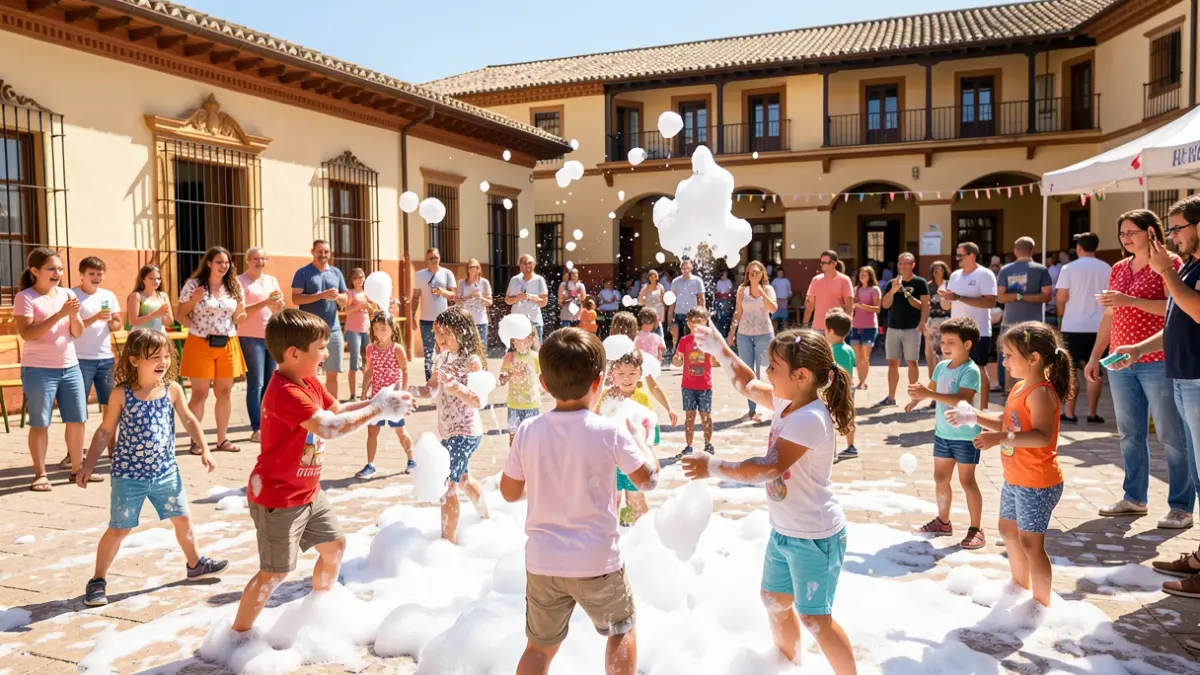 Imagen de una fiesta de clausura de ludotecas de verano en Lucena con niños disfrutando de una fiesta de la espuma.