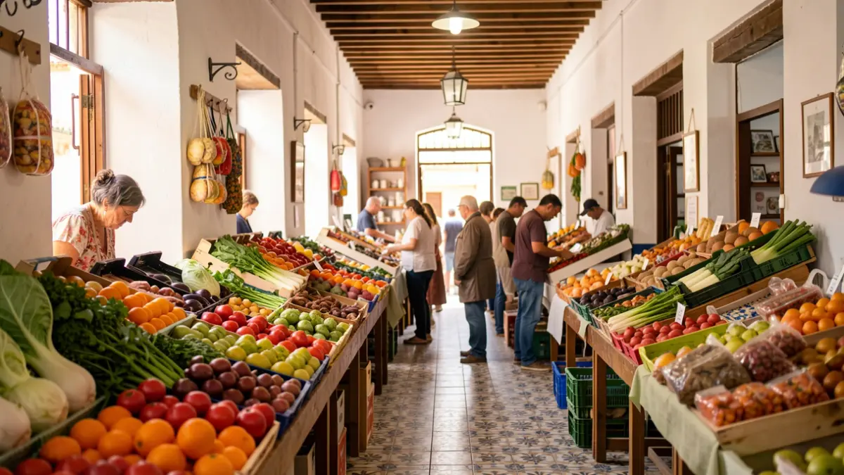 Imagen genérica del interior de un mercado público andaluz con puestos de productos frescos y ambiente animado.