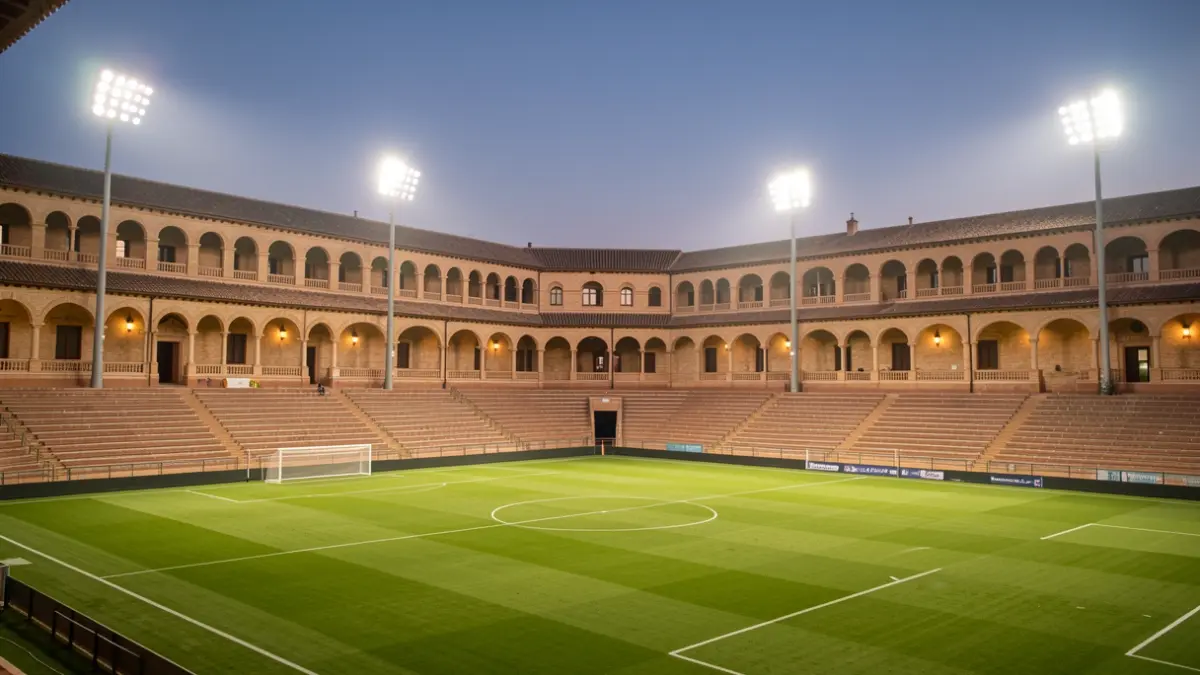 Generic image of a football stadium in Andalusia at dusk.