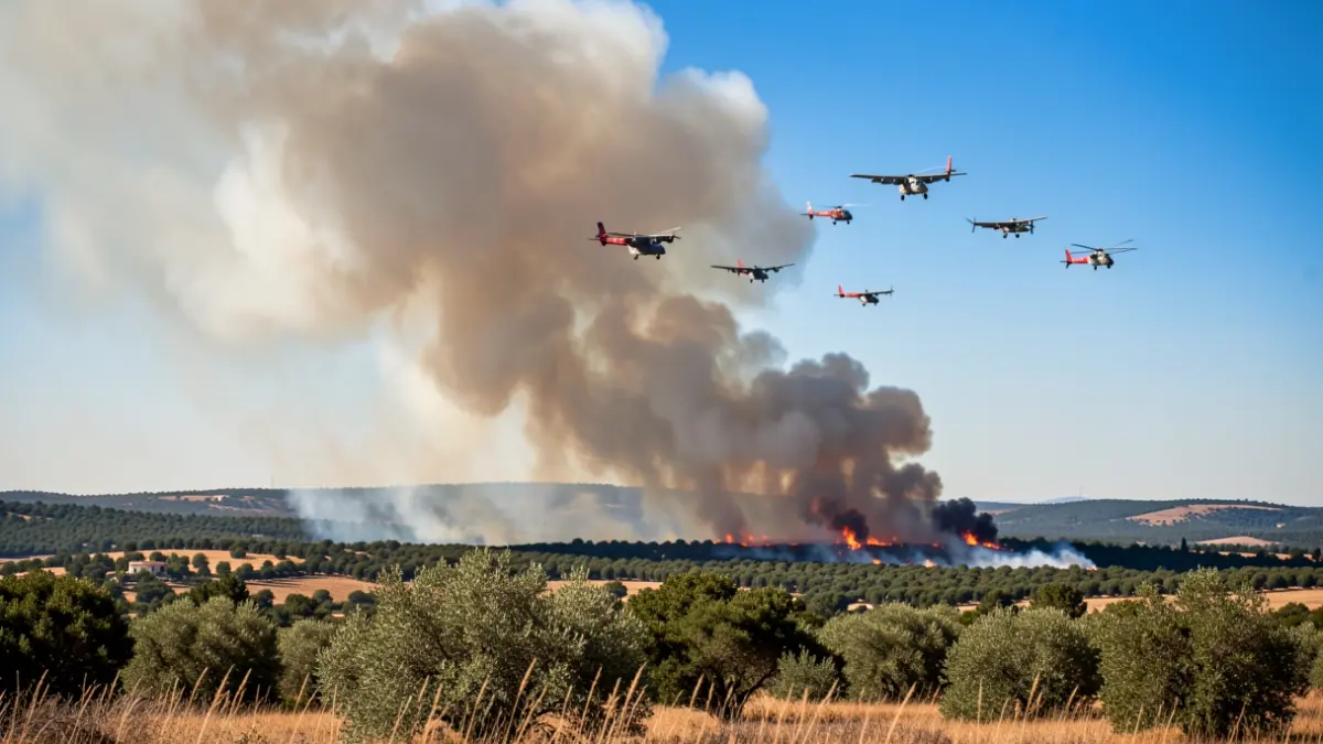 Imagen de un incendio forestal en un paraje de Andalucía con medios aéreos trabajando.
