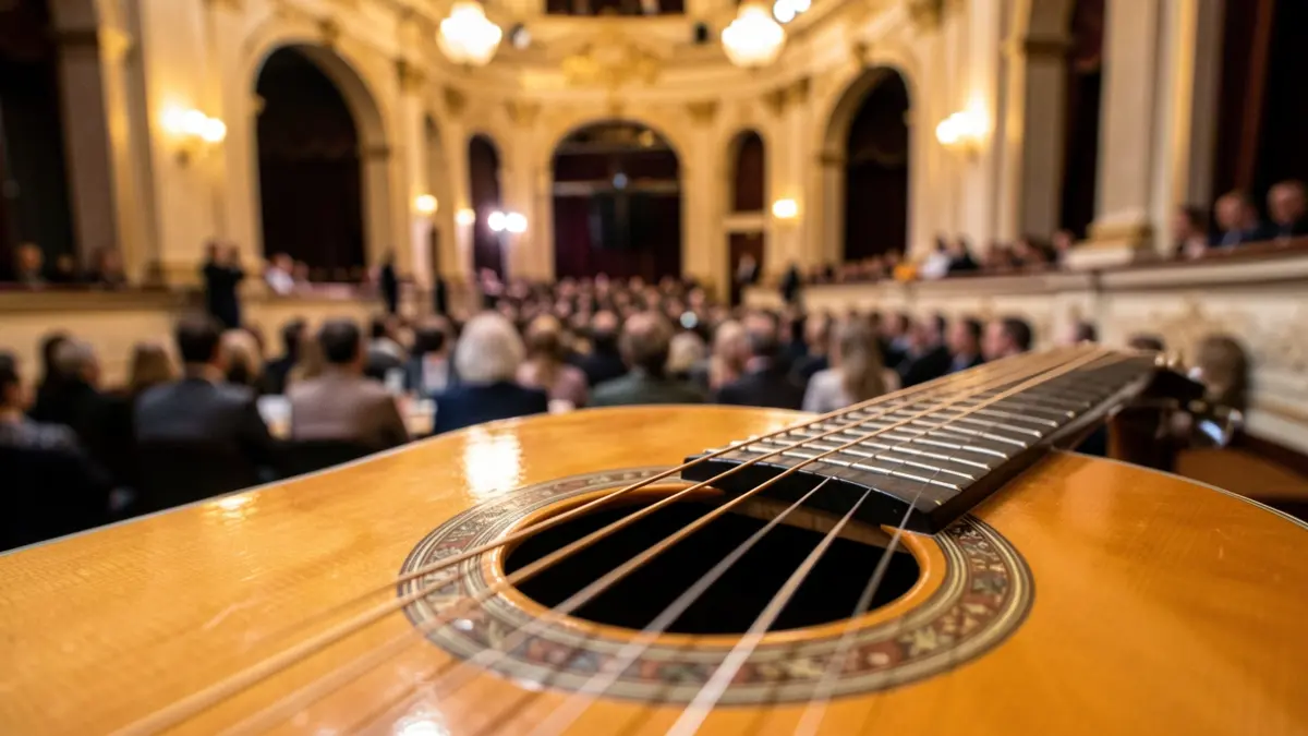 Close-up of a guitar with a blurred auditorium background.