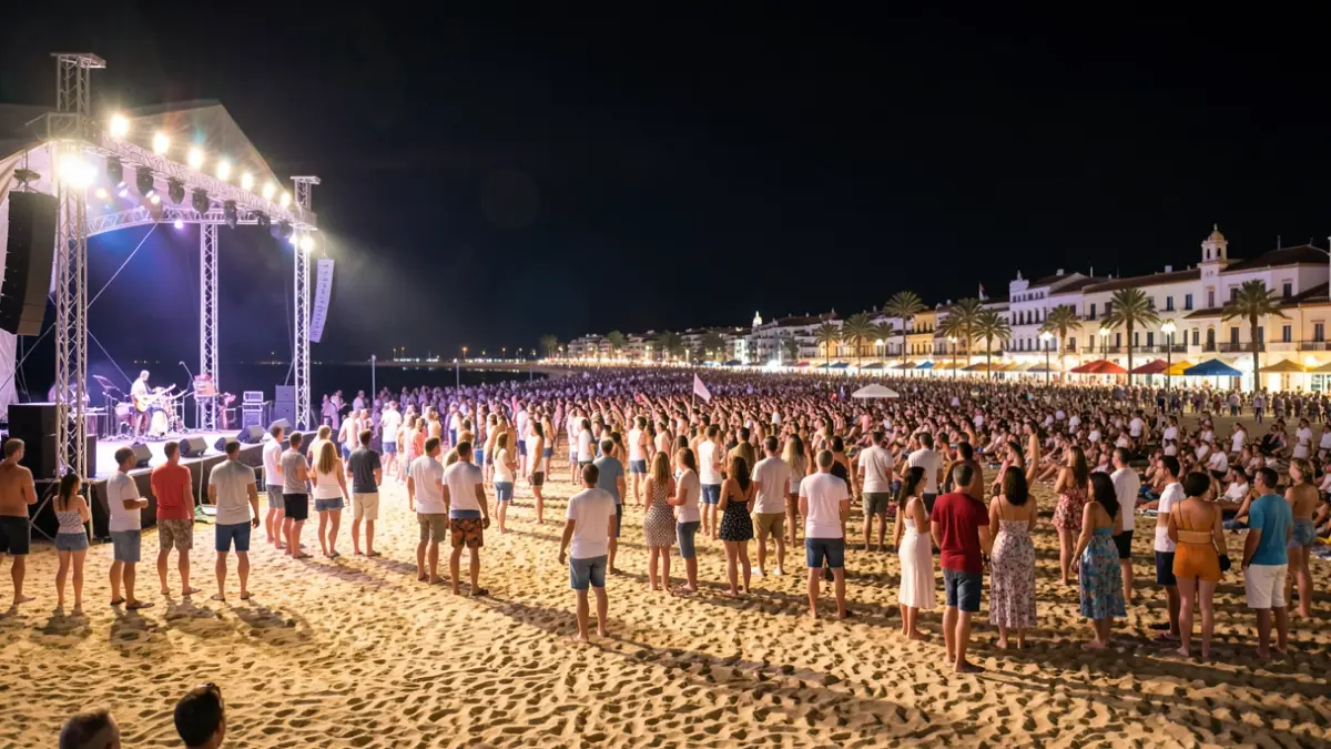 Escena genérica de un concierto de verano en la playa con público.