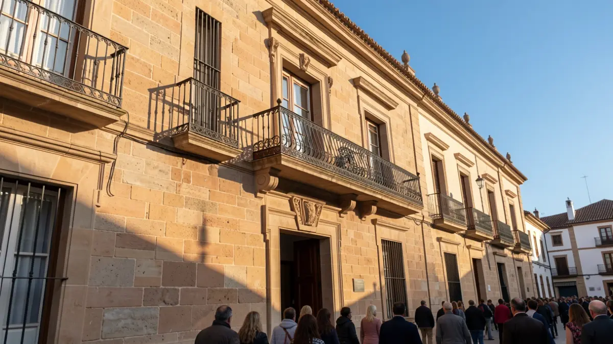 Fachada de piedra de un ayuntamiento andaluz con balcón ornamentado y barandillas de hierro, luz cálida de la tarde proyectando sombras sobre los muros de arenisca, cielo azul.