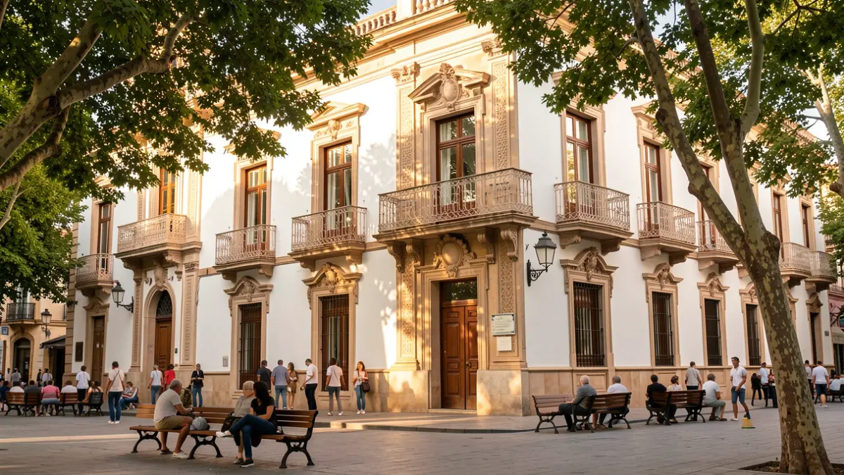 Facade of a public building in Malaga with trees and benches.