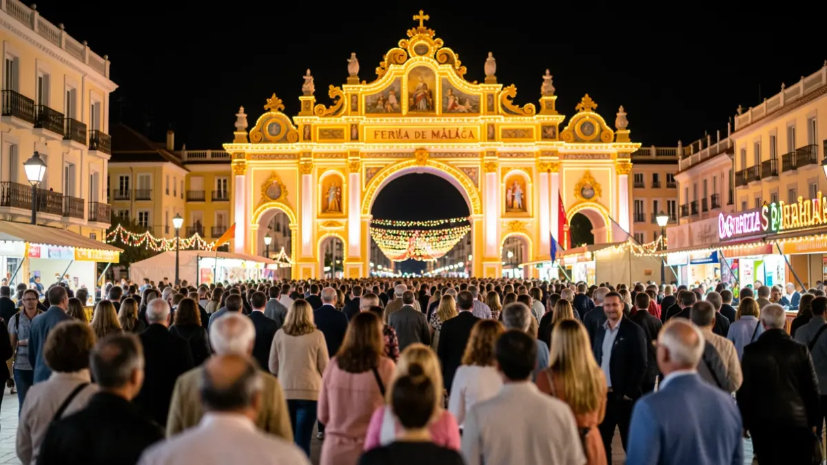 Portada iluminada de la Feria de Málaga por la noche, con gente y luces festivas.