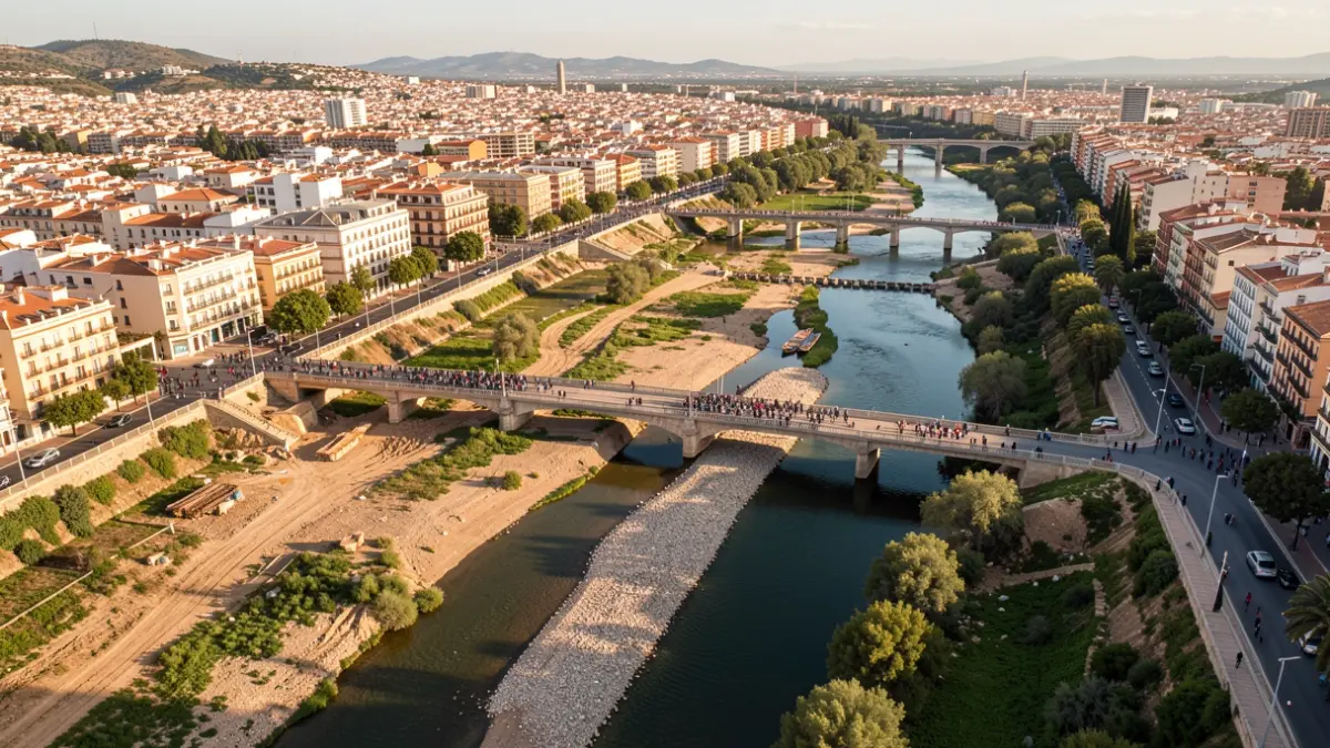 Vista aérea del río Guadalmedina en Málaga, mostrando la integración urbana y el cauce.