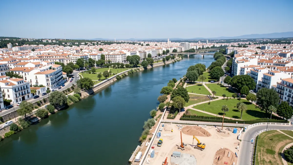 Vista aérea de un río siendo transformado en un parque fluvial en Málaga.
