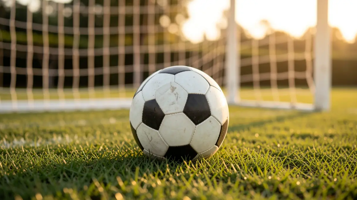 Generic image of a soccer ball on grass with the goal blurred in the background.