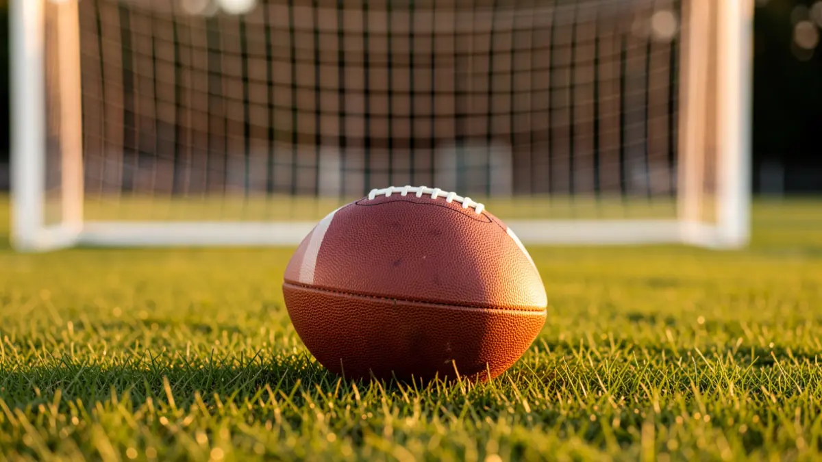 Generic image of a football on the grass with the goal blurred in the background.