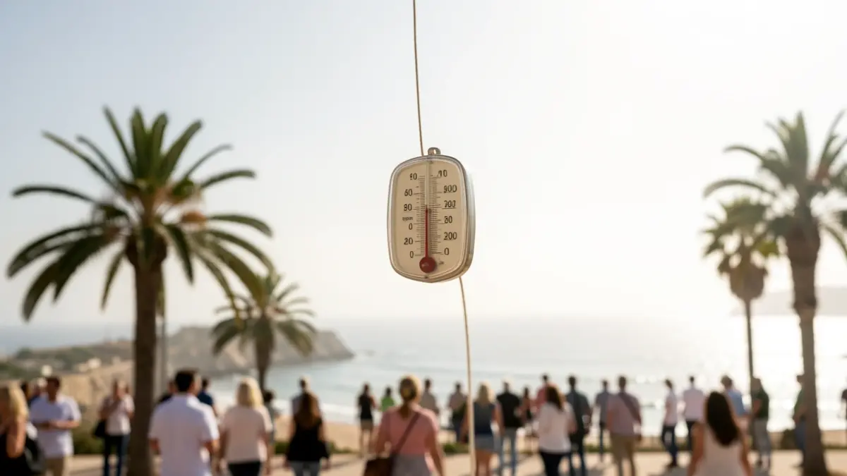 Termómetro mostrando alta temperatura con cielo brumoso y sol sobre la costa andaluza.