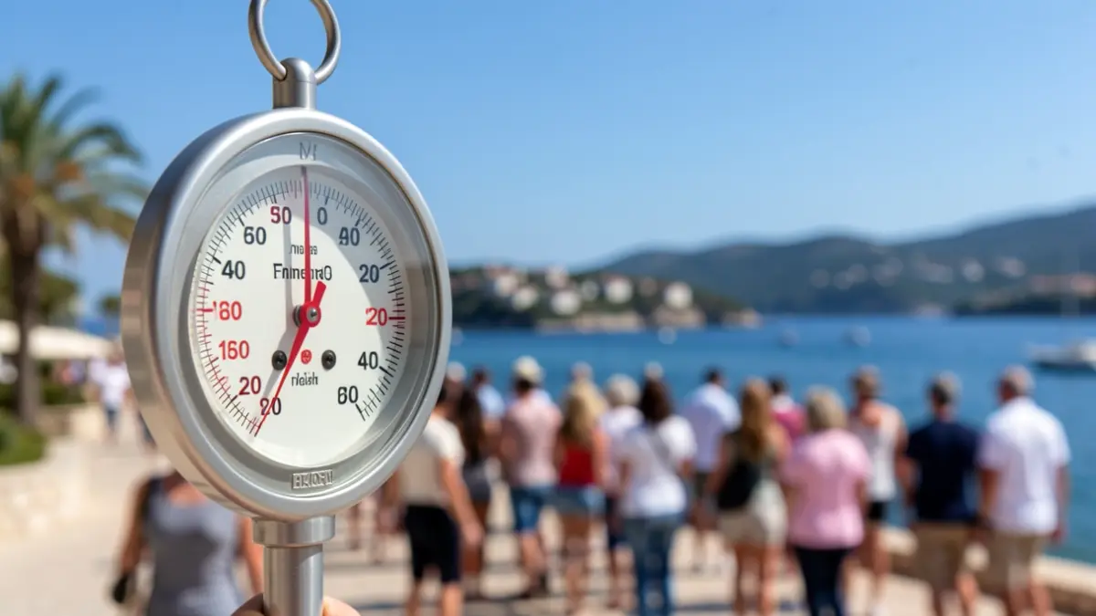 Thermometer showing high temperature with sunny coast in the background.