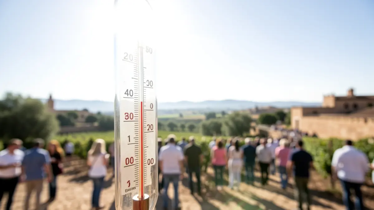 Thermometer showing high temperature with blurred Andalusian landscape in the background.