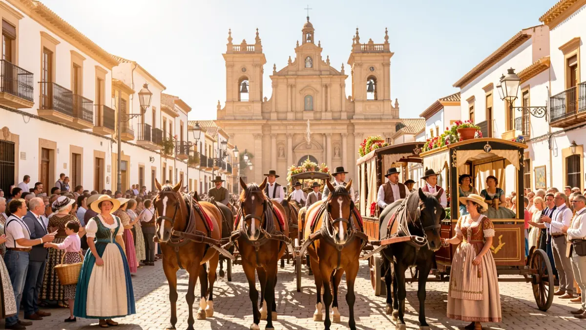 Image of the Málaga Fair romería with horses, carts, and people in traditional dress.