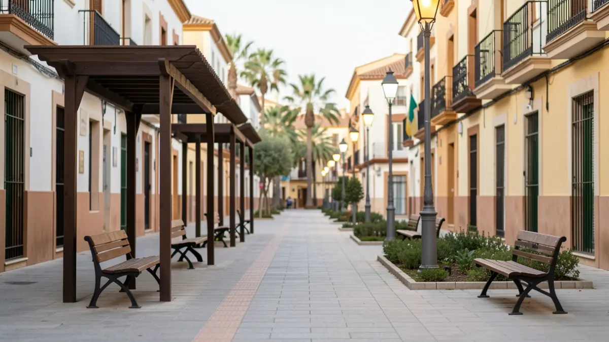 Imagen de calles mejoradas en los barrios de El Perchel y La Trinidad en Málaga, con nuevo mobiliario urbano y mejor iluminación.