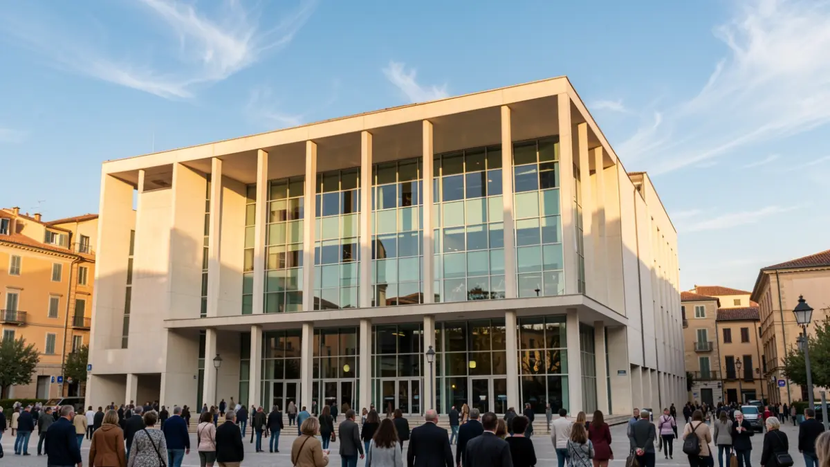 Fachada de un moderno auditorio musical en una ciudad mediterránea.