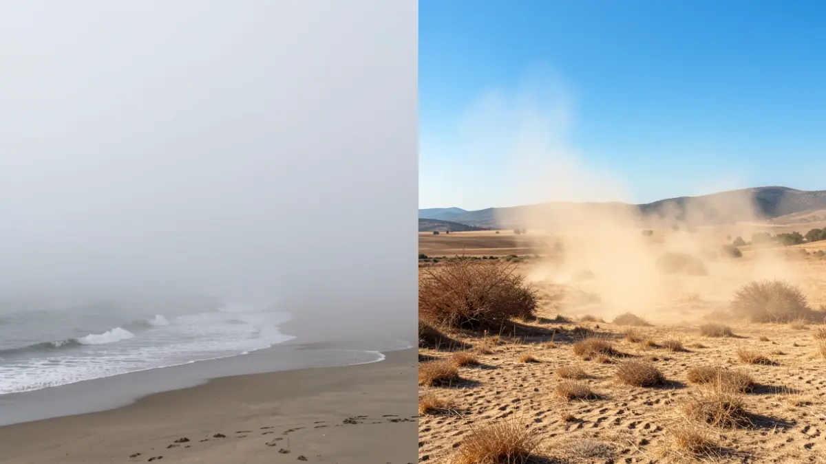 Niebla costera en Málaga contrastando con el calor sofocante del interior.