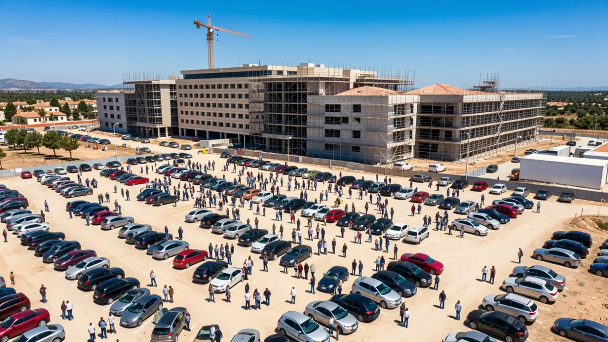 Aerial view of a temporary parking lot next to a hospital under construction in Malaga.