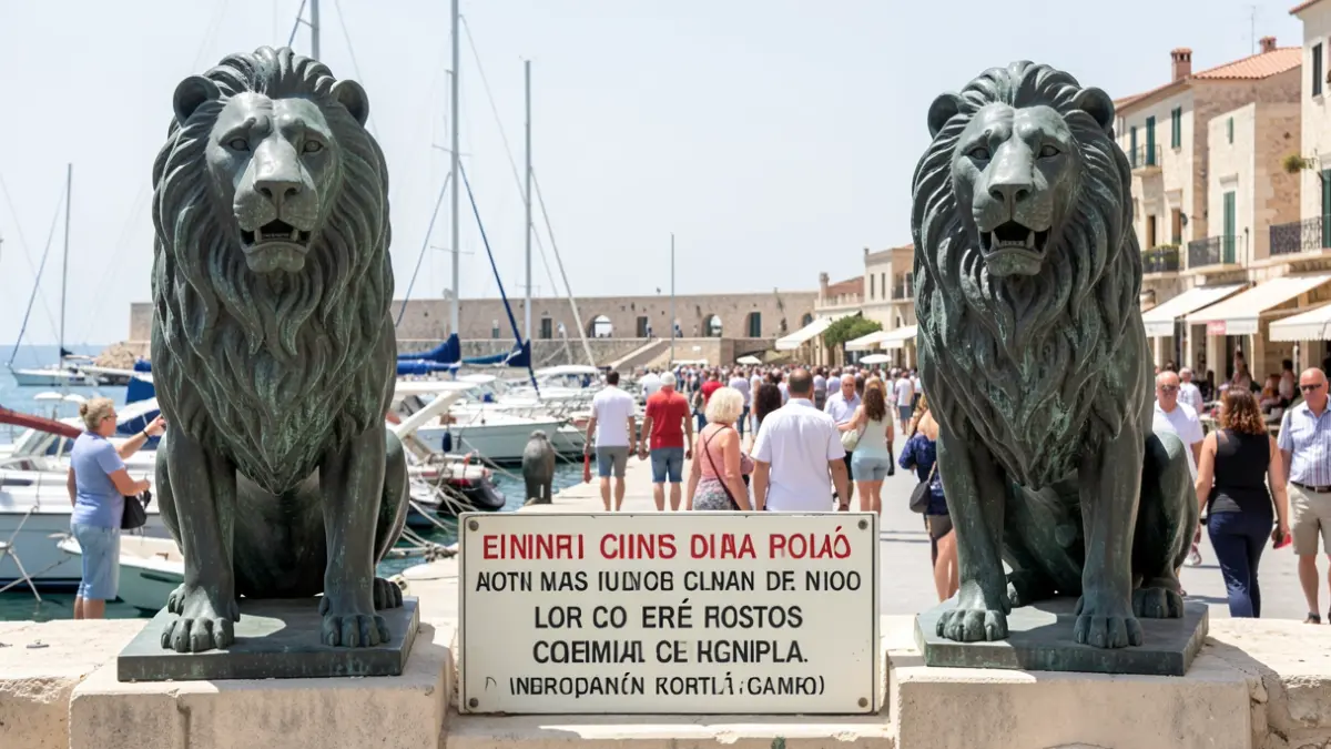 Leones de bronce en la entrada del Puerto de Málaga con señal de advertencia para turistas.
