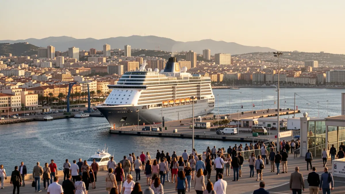 Image of a cruise ship docked in the port of Malaga with the city in the background.