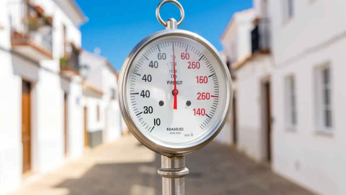 Thermometer showing high temperature on a sunny Andalusian street.