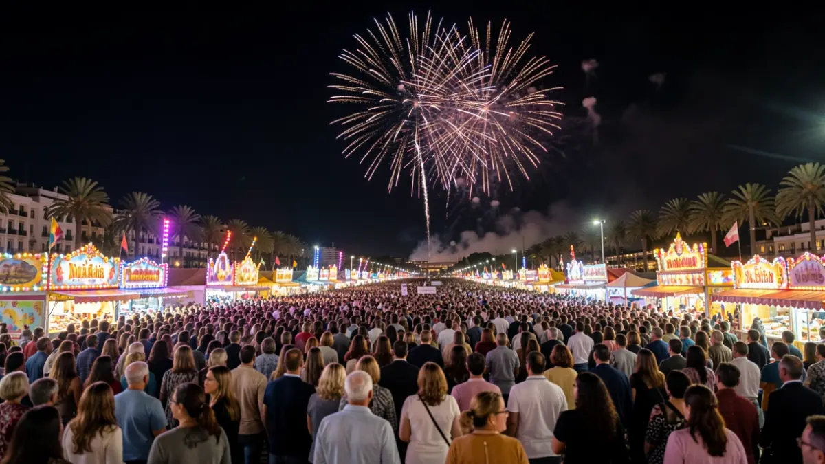 Imagen genérica de la Feria de Málaga con fuegos artificiales y ambiente festivo.
