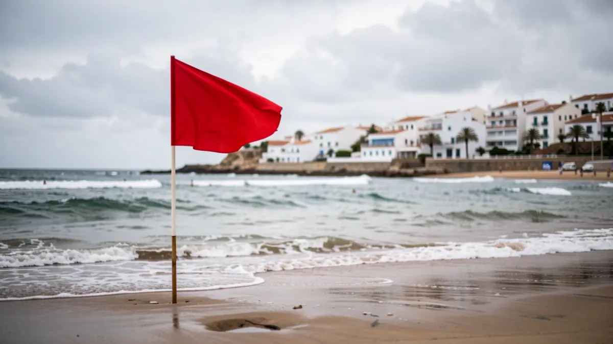 Imagen de una playa con bandera roja ondeando, indicando prohibición de baño tras una tormenta.