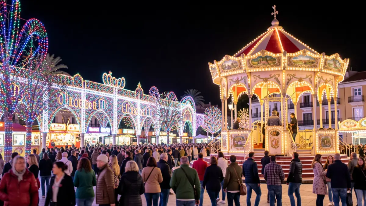 Imagen genérica de la Feria de Málaga iluminada por millones de luces LED por la noche.