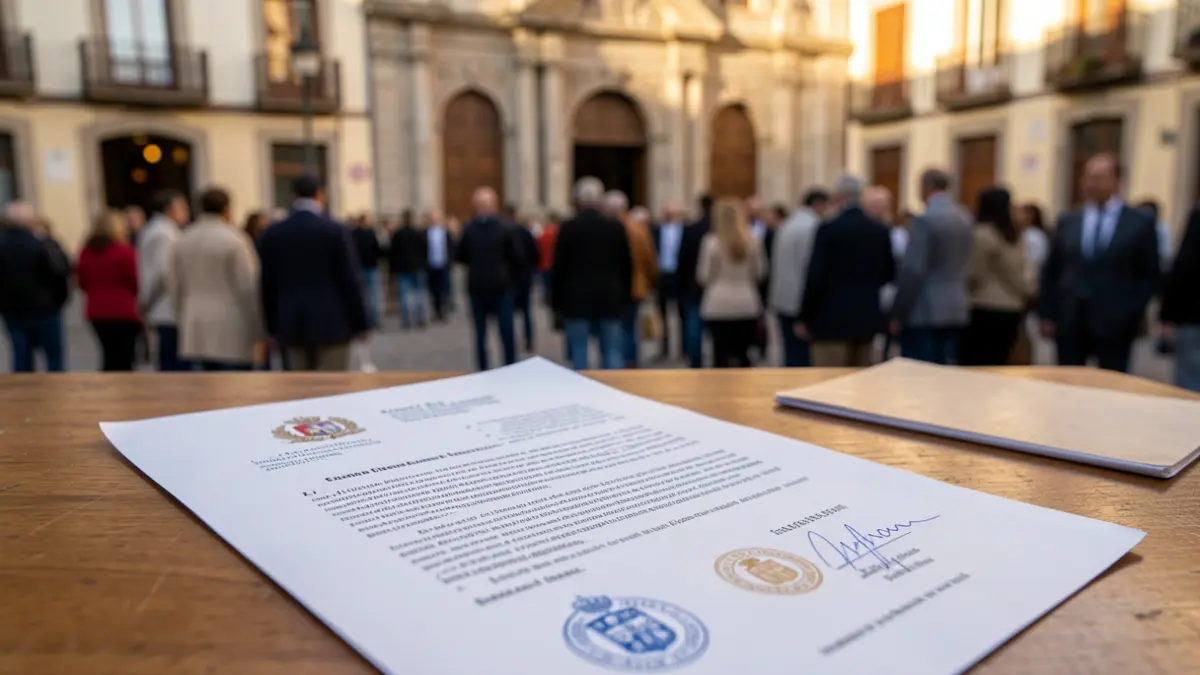 Imagen genérica de un documento oficial con sellos y firmas sobre un escritorio.