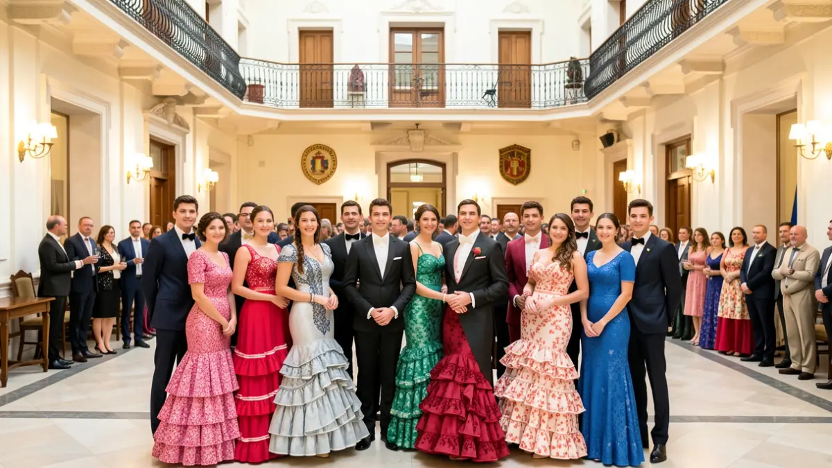 Jóvenes posando con trajes de flamenca y chaqueta en el salón de plenos del Ayuntamiento de Manilva.