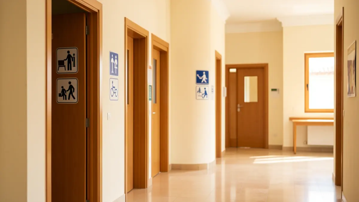 Interior of a municipal building in Andalusia with accessibility pictograms.