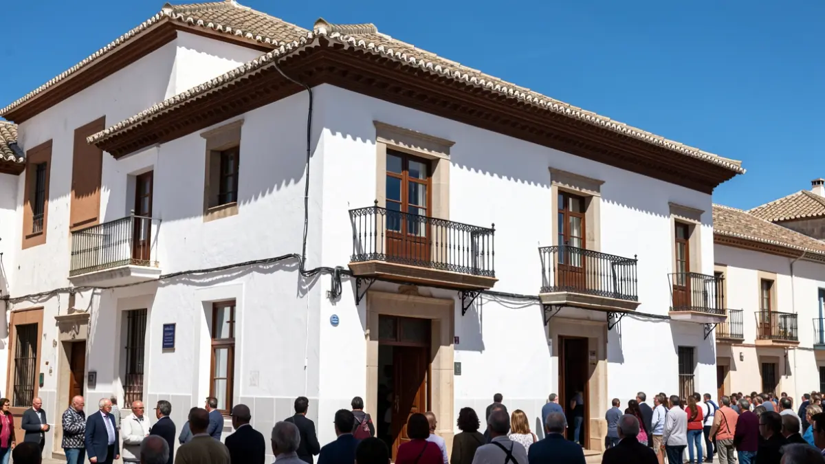 Fachada del Ayuntamiento de Manilva con balcón de hierro y tejado tradicional bajo un sol brillante.