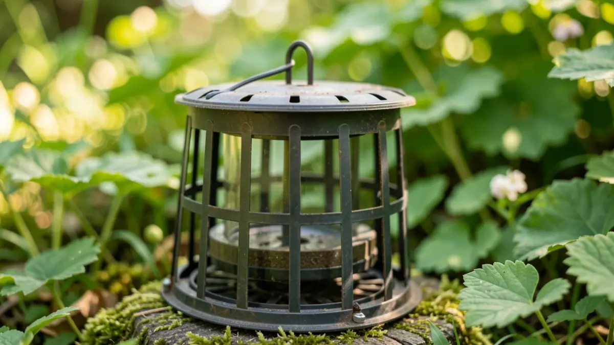 Close-up of a mosquito trap in a natural setting.