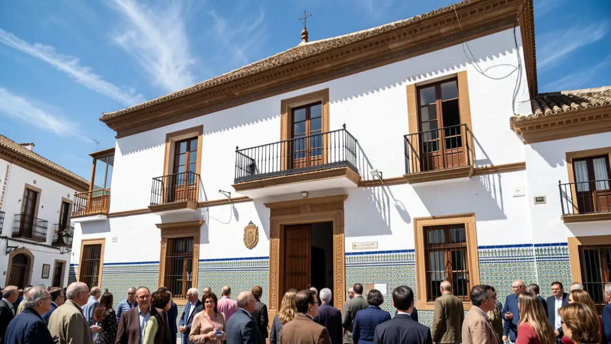 Facade of an Andalusian town hall with tiles and a balcony.