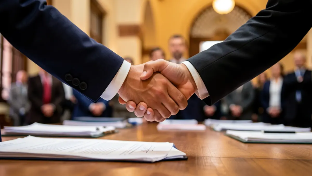 Generic image of two hands shaking over a desk, symbolizing an agreement.