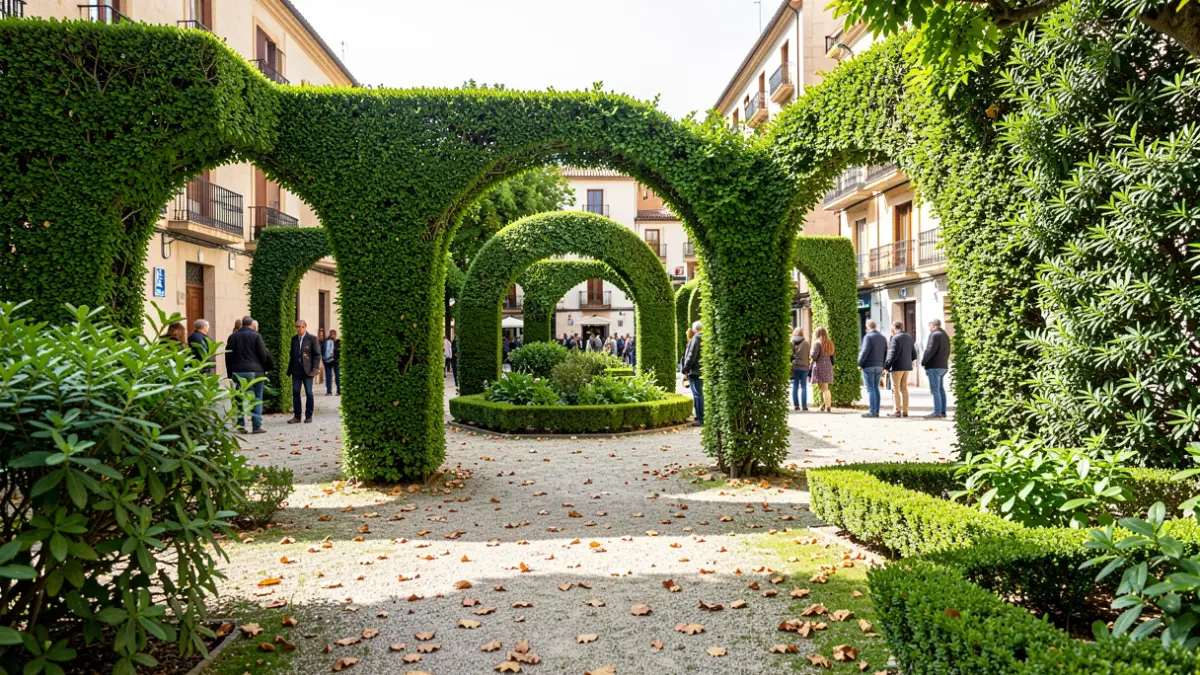 Municipal gardens in Villa del Río with trimmed hedges and fallen leaves.
