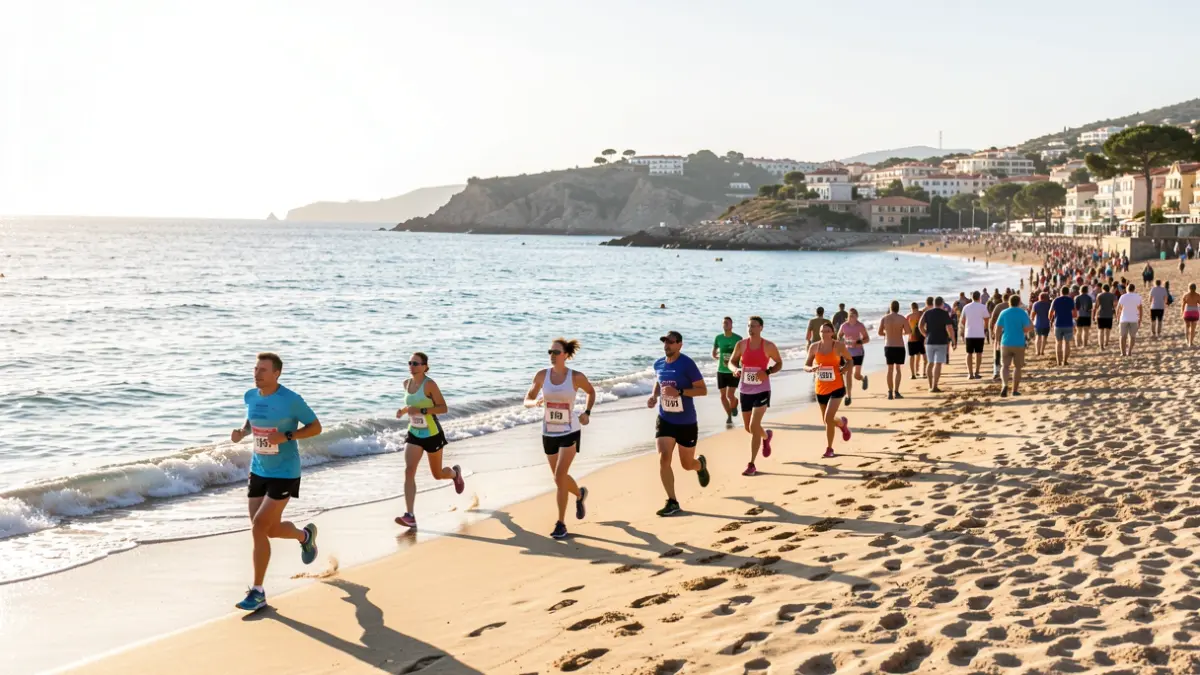 Image of runners participating in a beach race in Rota, with the Mediterranean Sea in the background.