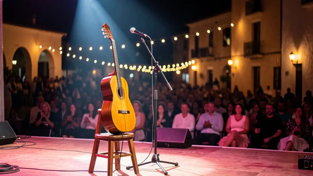 Empty flamenco stage with guitar and microphone.