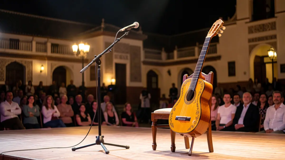 Escenario de flamenco vacío con un micrófono y una guitarra española, iluminado por focos cálidos.