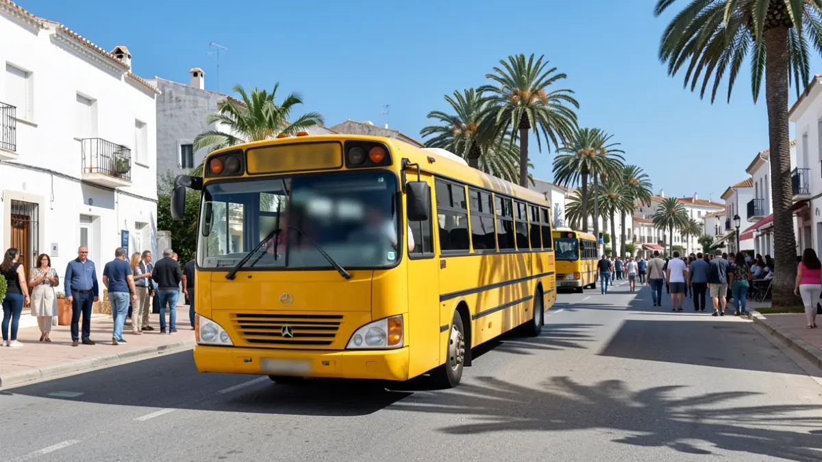 Autobús escolar amarillo circulando por una calle de Marbella con edificios blancos y palmeras.