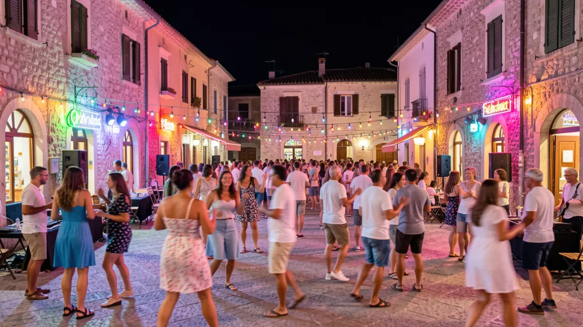 Imagen genérica de una fiesta nocturna de verano en una plaza andaluza con luces de neón y gente bailando.