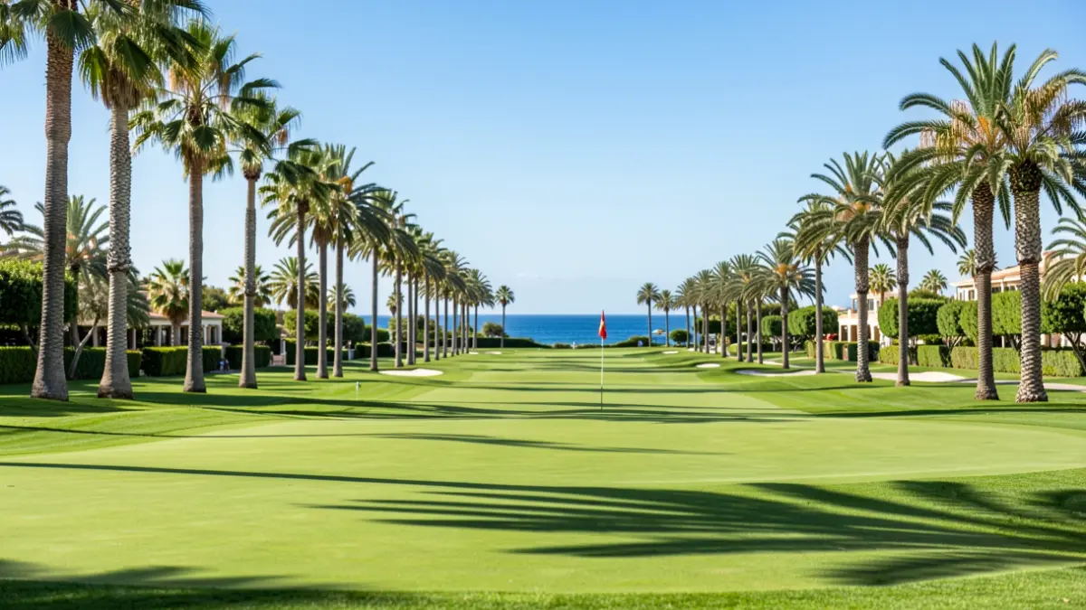 Golf course in Marbella with palm trees and sea views.
