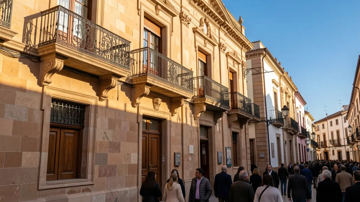 Facade of an Andalusian town hall with balcony and iron railings, warm afternoon light.