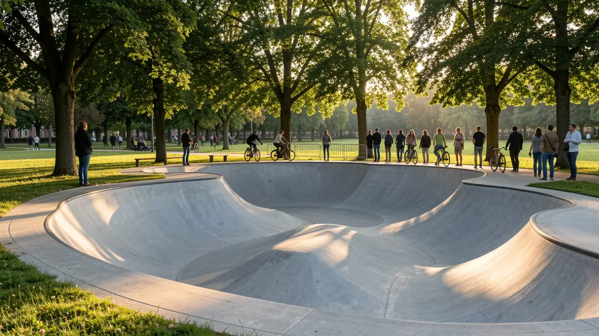 Pista de pump track en un parque con árboles y luz de tarde.