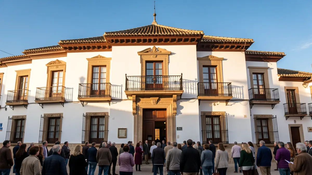 Fachada de un ayuntamiento andaluz tradicional con balcones y cielo azul.