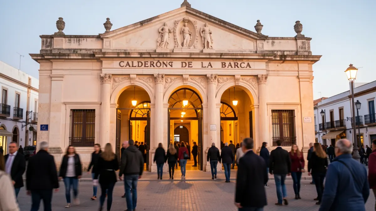 Fachada del Teatro Calderón de la Barca en Motril durante el atardecer.