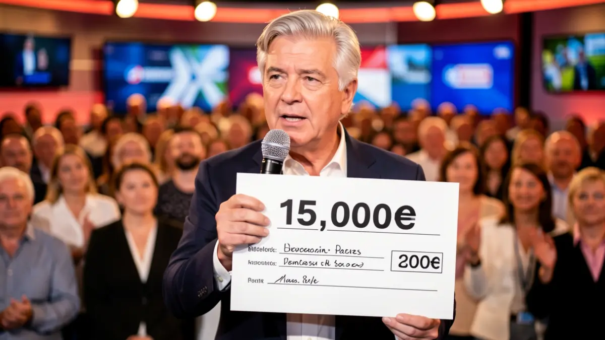 Cantante entregando un cheque de 15.000 euros a una asociación.