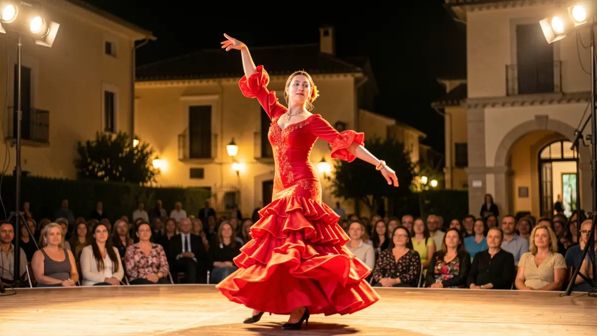 Flamenco dancer performing on an outdoor stage at night, with audience and Mediterranean architecture in the background.